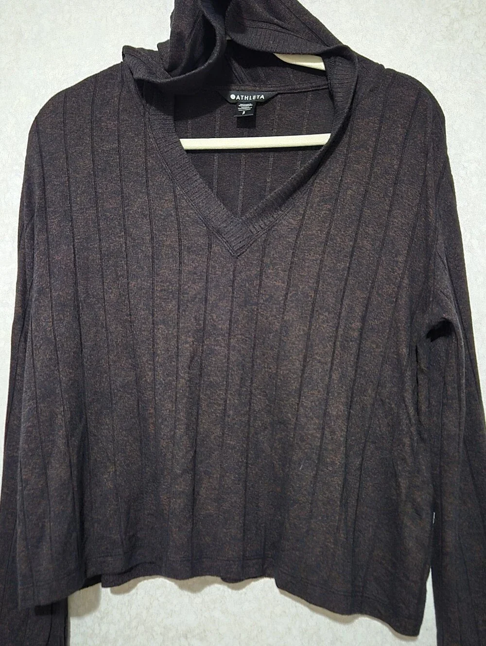 Athleta Brown Ribbed V-Neck Hoodie Top-harmony Pose-Size-S